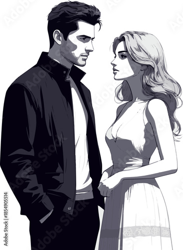 Create a realistic Cool and handsome man and woman standing face to face vector art with white background.