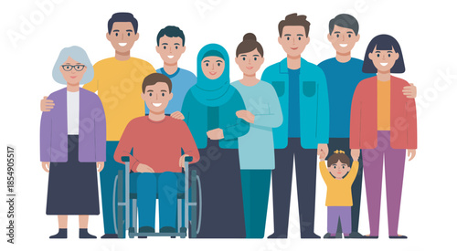 Inclusive diverse community representing various ages, abilities, and cultural backgrounds illustration, ranked visual theme highlighting social harmony, shared values, accessibility awareness, collec