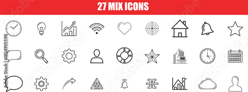 A collection of 27 minimalist outline icons representing various common concepts like time, ideas, analytics, communication, settings, home, and user profiles.