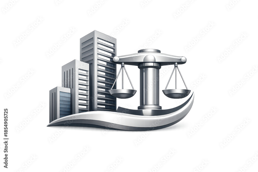 Obraz premium Scales of Justice with Cityscape on a transparent background design.