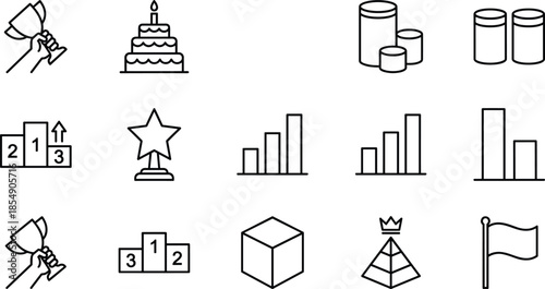Achievement line icons set, success trophy symbols, winner podium outlines, financial bar charts, business hierarchy pyramid, anniversary cake, victory flag, vector collection, ranking signs