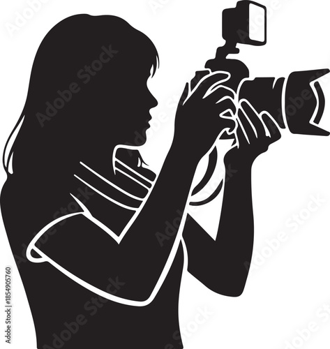 Silhouette of woman taking photo with professional camera equipment