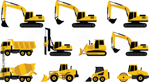 Heavy construction machinery set, yellow excavator vector, dump truck illustration, concrete mixer, bulldozer, road roller, industrial building equipment collection, transport vehicle flat design