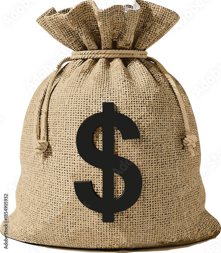 Realistic beige money bag with black dollar sign vector illustration isolated on white background, banking finance symbol, cash savings sack, wealth profit design.