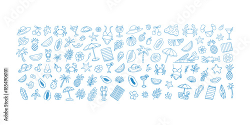 Summer Vacation Doodle Icons on White Background Keywords: summer, vacation, beach, holiday