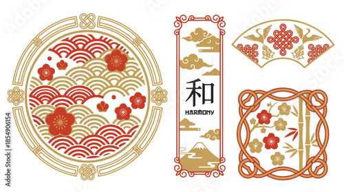 A collection of elegant Japanese-inspired design motifs, celebrating cultural harmony and the serene beauty of nature, perfect for sophisticated creative projects