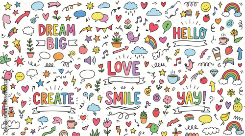 A vibrant and cheerful doodle art collection featuring positive affirmations, cute characters, and whimsical elements, perfect for creative expression and uplifting messages