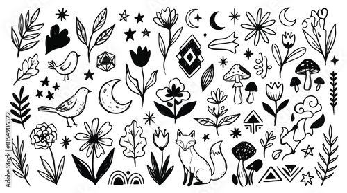 Charming Hand-Drawn Collection of Whimsical Nature Elements, Featuring Delicate Botanical Flora, Woodland Animals, and Celestial Symbols for Creative Design
