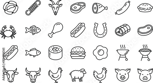 Minimal food and meat icon set vector illustration, black outline farm animals seafood barbecue fast food symbols, cooking nutrition design isolated on white