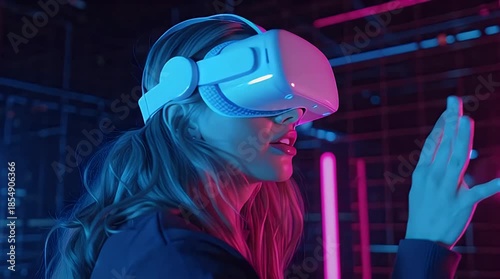 Young Woman Wearing VR Headset Touching Virtual Interface in Blue Light: Metaverse Concept Video.