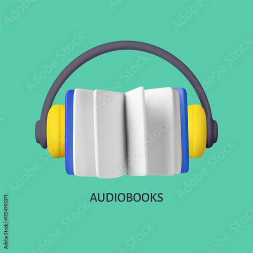 Open book with headphones, audiobooks 3D cartoon plastic style poster, listening to books by headphone, online library