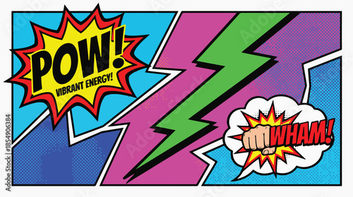 Dynamic comic book style graphic illustration depicting explosive action and vibrant energy, featuring bold visual elements and impactful design