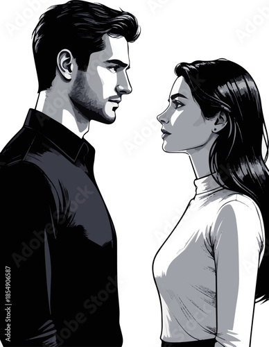 Create a realistic Cool and handsome man and woman standing face to face vector art with white background.