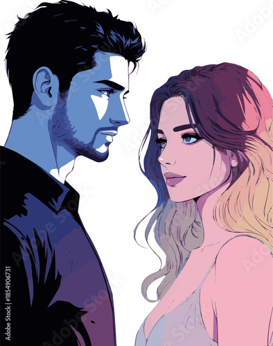 Create a realistic Cool and handsome man and woman standing face to face vector art with white background.