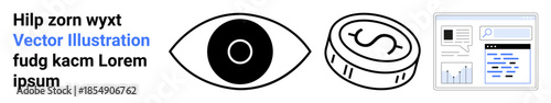Finance, technology, monitoring, data visualization, digital economy, financial goals. Eye icon, dollar coin data dashboard. Finance and technology concepts by visual design