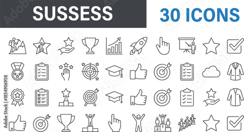Success achievement icons collection, line style business motivation symbols, goals targets rewards education progress leadership performance strategy growth vector illustration