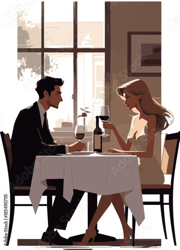 Create a realistic Elegant man and woman sitting in a restuarant and drinking wine and talking vector art with white background..