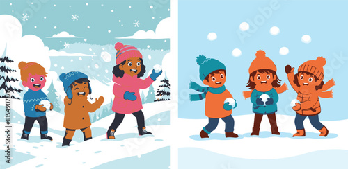 Children enjoying a fun snowball fight during winter