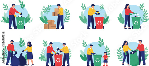 Recycling activity scenes, waste management, eco-friendly behavior, garbage sorting, green bins, environmental awareness, cartoon people, sustainability, foliage background, trash disposal