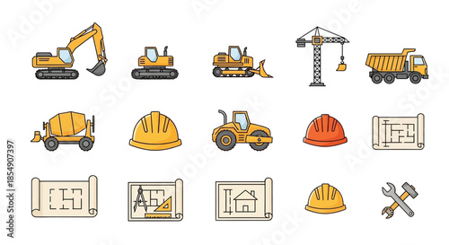 Construction Equipment and Safety Icons Set.