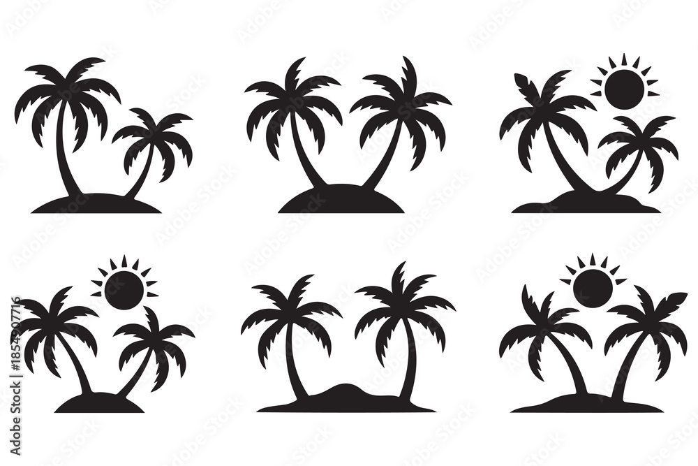 Obraz premium Tropical palm island silhouette icon set 