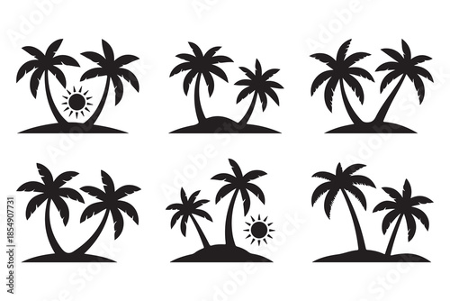 Tropical palm island silhouette icon set
