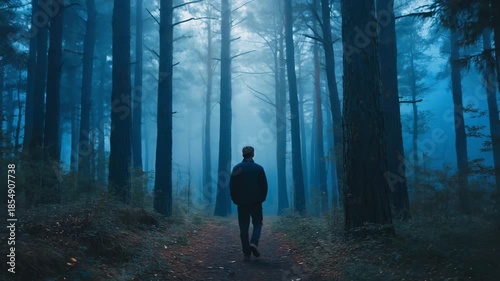 Cinematic 4K handheld tracking shot following a man walking into a dark, foggy forest at night.