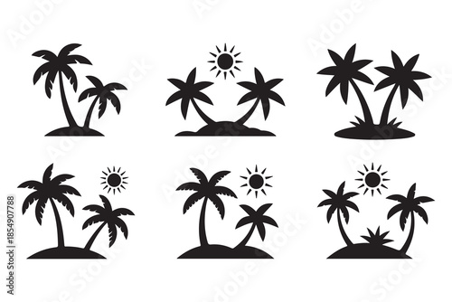 Tropical palm island silhouette icon set
