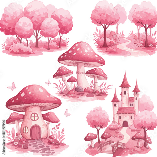 Whimsical pink fairy tale landscape with mushrooms and castle
