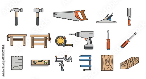 Various Carpentry Tools and Equipment Set.