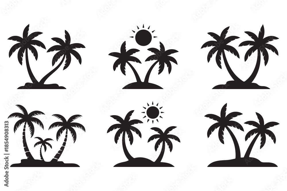 Fototapeta premium Tropical palm island silhouette icon set 