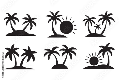 Tropical palm island silhouette icon set
