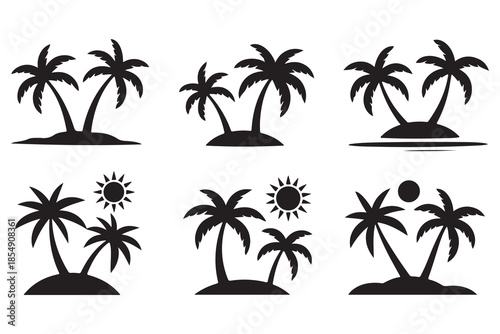 Tropical palm island silhouette icon set
