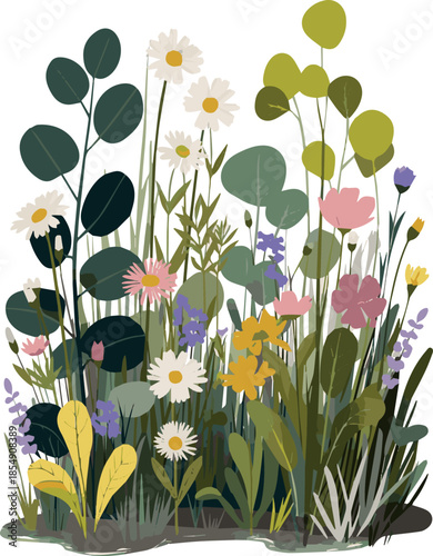 Create a realistic Flowerbed with different blooming plants and flowers vector art with white background .