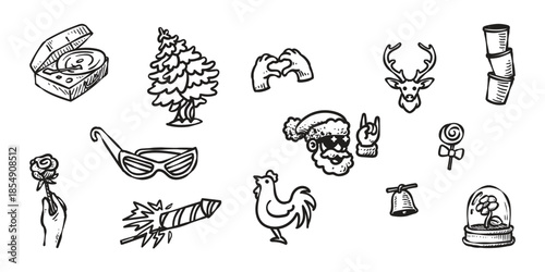 Hand drawn Illustration collection youth Gen-Z music, party, accessories, symbol, series component set design element Vintage hand drawn line art vector for scrapbooking, packaging, card, and sticker