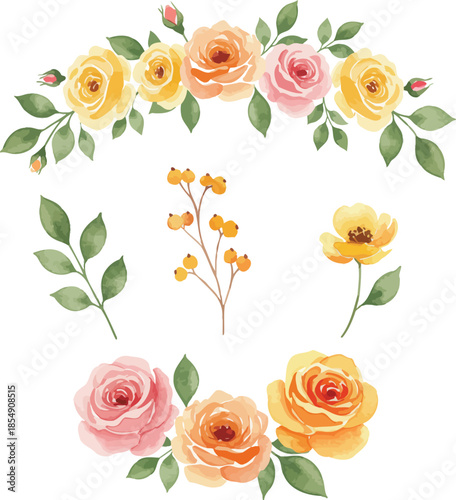 A beautiful floral bouquet of yellow and red roses makes a perfect nature gift for a wedding or Valentine's Day blossom card featuring a pink heart petal design