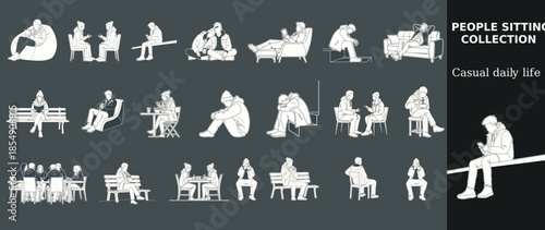 Minimal architectural entourage people sitting set. Flat CAD block line art of urban winter casual characters in multiple poses on white.