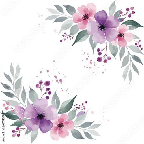 Watercolor floral wreaths with pink and purple flowers and leaves