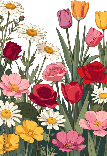 Create a realistic Flowerbed with different blooming plants and flowers vector art with white background .