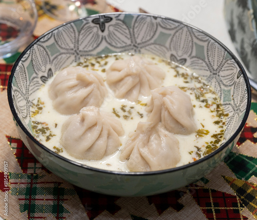 Traditional Georgian dish khinkali - Hinkali - Boiled khinkali with lamb or beef or cheese. High quality photo