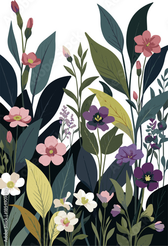 Create a realistic Flowerbed with different blooming plants and flowers vector art with white background .