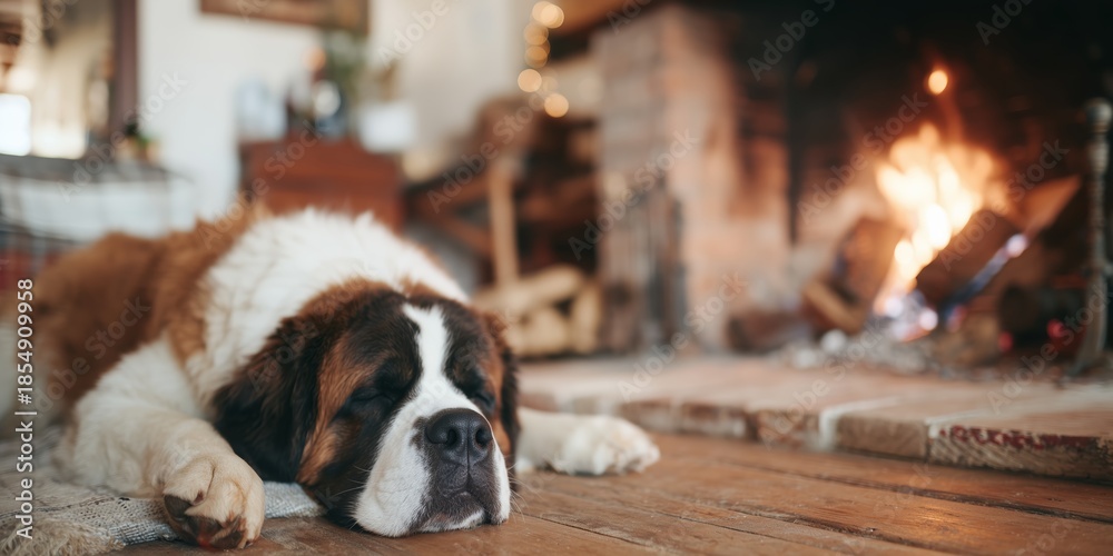 Obraz premium Dog resting by the fireplace in a cozy home during the evening