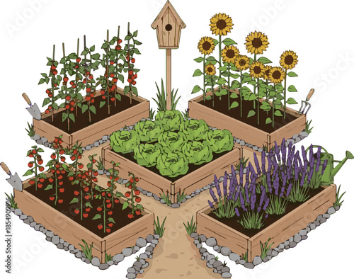 Create a realistic Foreground with a small garden and plant beds vector art with white background..