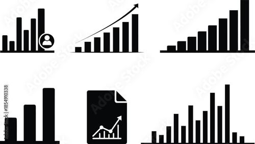 Collection of various black bar graph and chart icons