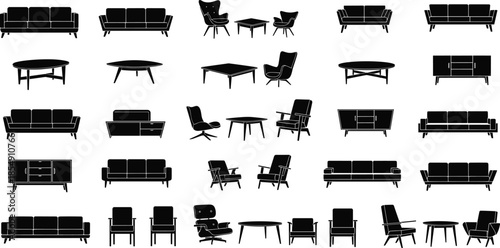 Mid-century modern living room furniture silhouettes, black vector set of sofas, armchairs, coffee tables and cabinets isolated on white.
