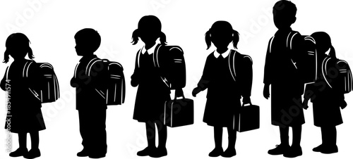 School children in a line carrying backpacks and bags