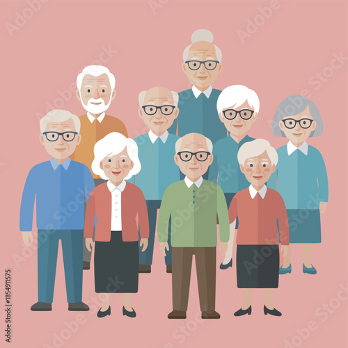Diverse group of elderly people standing together against a coral background, high rank illustration highlighting senior community, cultural diversity, intergenerational respect, social connection, an