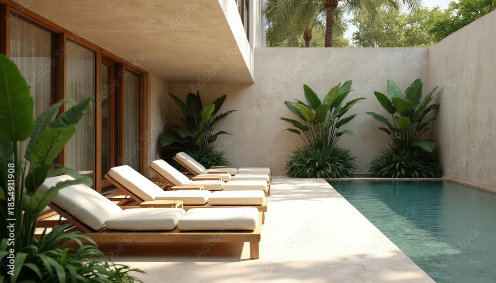 Fototapeta premium Luxury resort area with lounge chairs by pool. Minimalist design hotel features calm turquoise water, green plants and wooden furniture. Peaceful relaxation spot for guests.