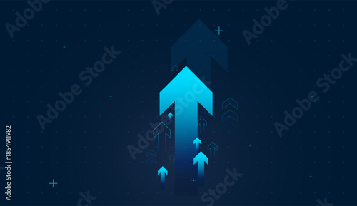 A bold blue arrow shoots upward, symbolizing strong financial growth. The Growing arrows for digital business abstract background