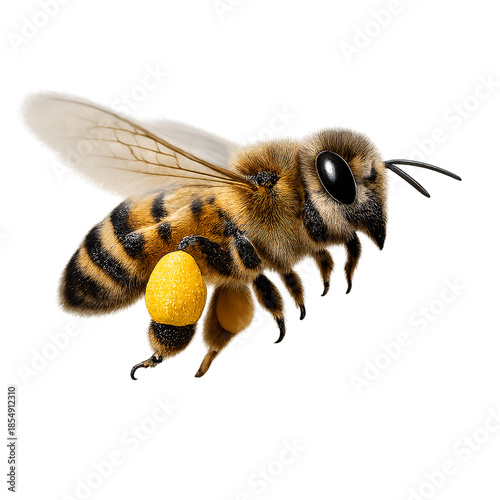 Flying honeybee with pollen sacs isolated on transparent background